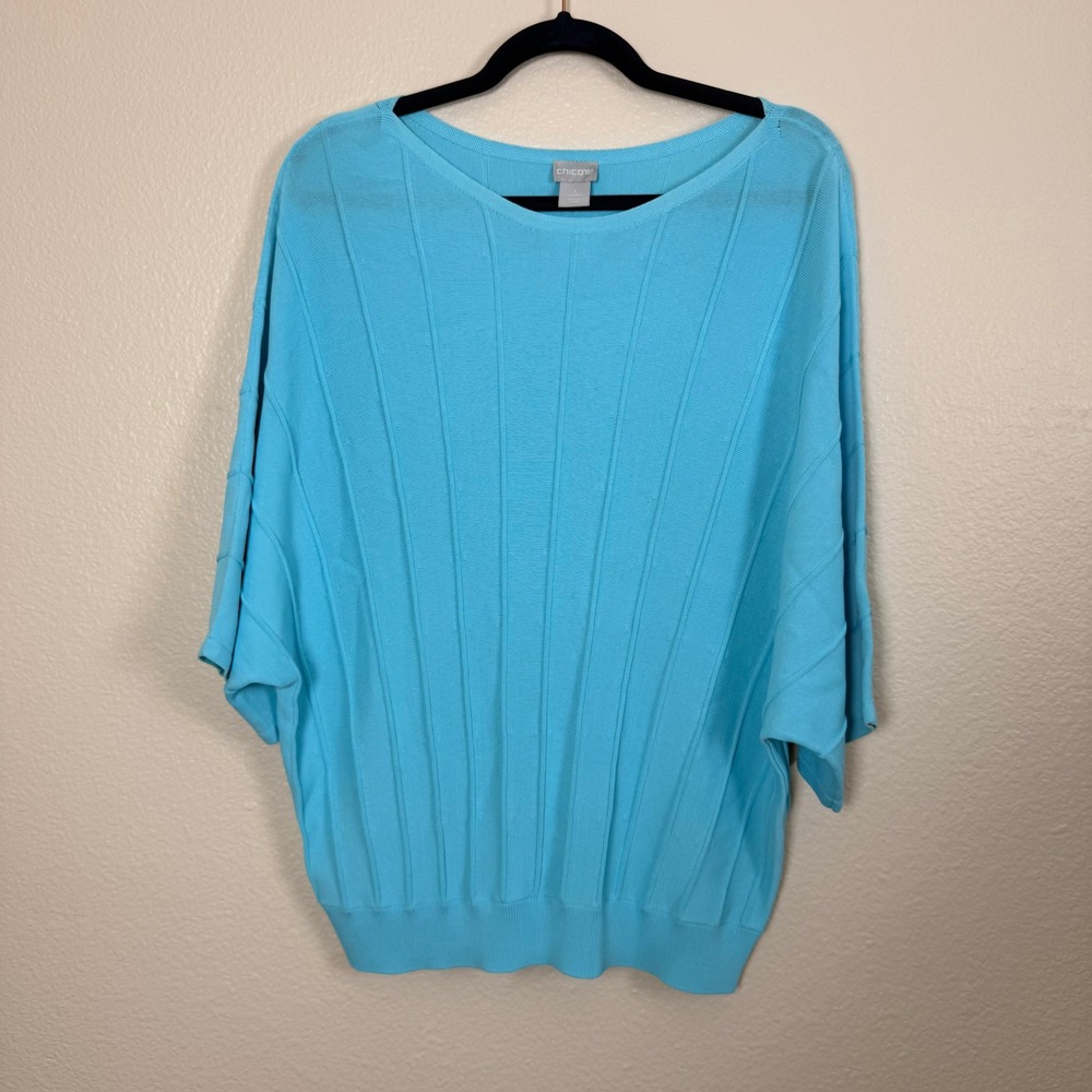 Chico's Dolman Sleeve Sweater Women M Office Blue Coastal Vertical Seam BoatNeck